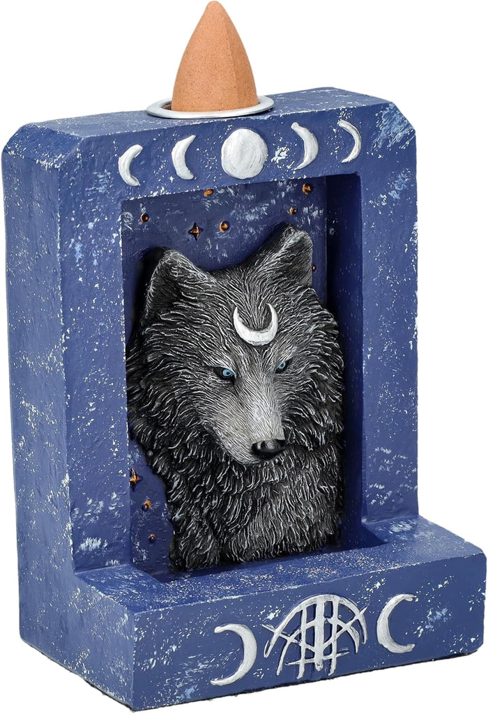 4" Tall Moon Phase Backflow Incense Burner for Spiritual Home Decor, Wolf Figurine