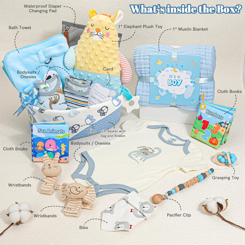 Baby Boy Gifts,Baby Shower Gifts for Boys,Large Baby Boy Gift Basket Set with Swaddle Rattle Toys,Essential