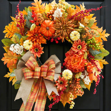 Fall Wreaths for Front Door 24", Fall Door Wreath with Plaid Bow & Dahlias
