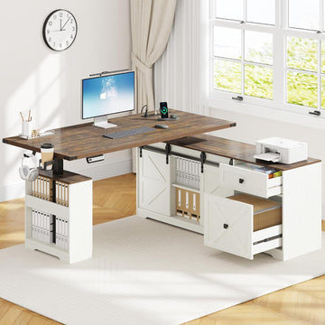 L Shaped Electric Standing Desk 63" White with Power & Storage | File drawer, sliding door cabinet, cup holder