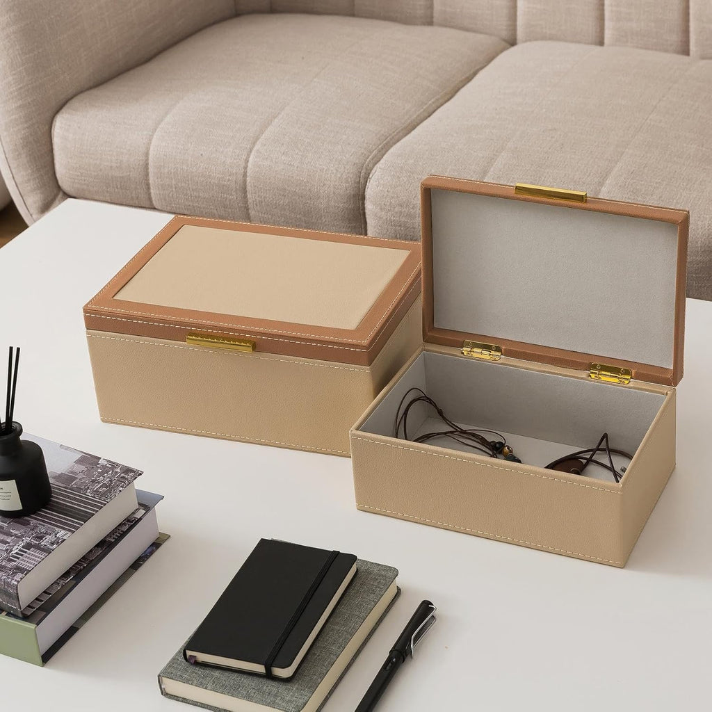 Two-Tone Faux Leather Boxes with Lids, Sand - Set of 2