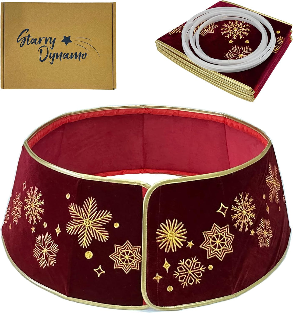 28-Inch Velvet Burgundy Christmas Tree Collar with Embroidered Snowflakes, Foldable Tree Ring Base Cover for 5-7 ft