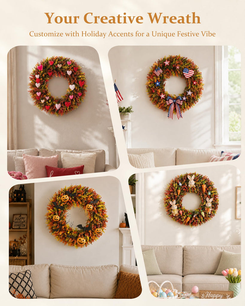 24" Fall Wreath for Front Door, Artificial Boxwood Autumn Wreath