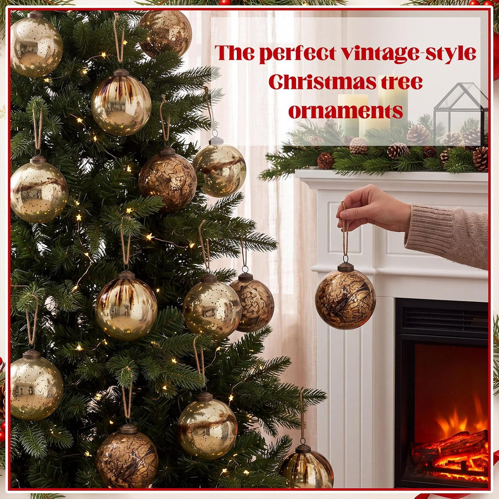 6 Pcs Vintage Glass Christmas Ornaments 4 Inch Retro Antiqued Ball