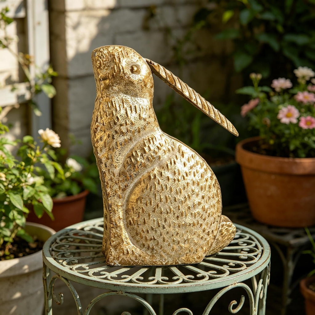 Vintage Rustic Gold Easter Bunny Figurine - 11.81" Tall Metal Rabbit Statue, Spring Farmhouse