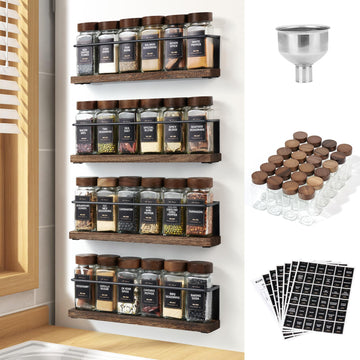 Wooden Lid Magnetic Spice Rack with 24 Jars, 216 Labels, 1 Steel Funnel for Refrigerator,Microwave Oven - Full Set