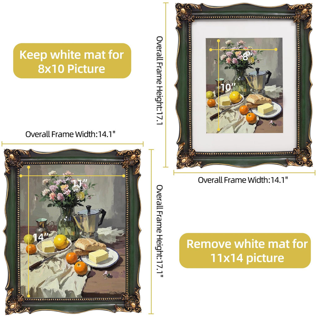 Vintage 11x14 Picture Frame with Embossed Flower, Green Ornate Frame for 11x14 or 8x10 Photos with White Mat