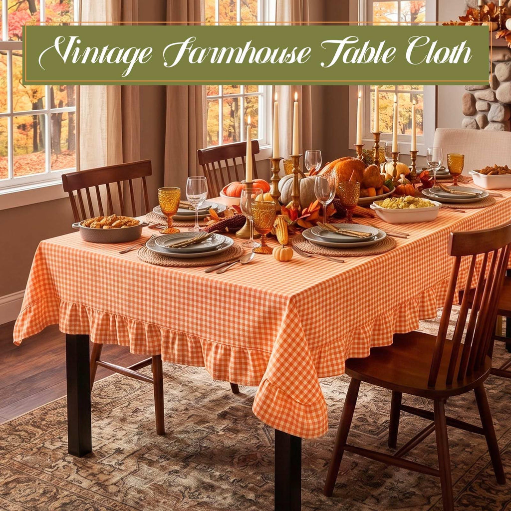 Gingham Ruffled Tablecloth, Fall Orange, 52 x 70 Inches, Rectangle