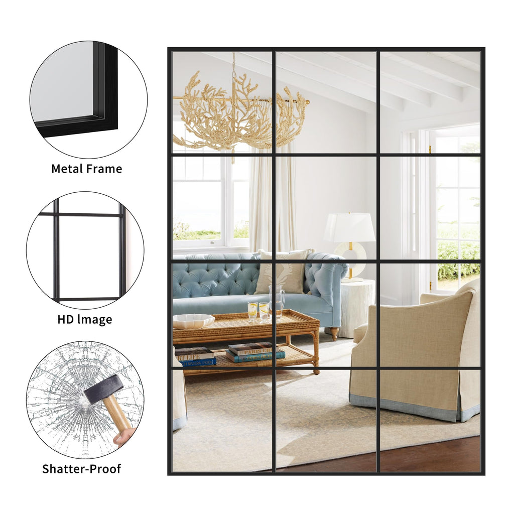 Rectangle Mirror Wall Mounted, 36"x48" Window Pane Mirror Wall Decor Metal Framed, Large Black Mirror Living Room