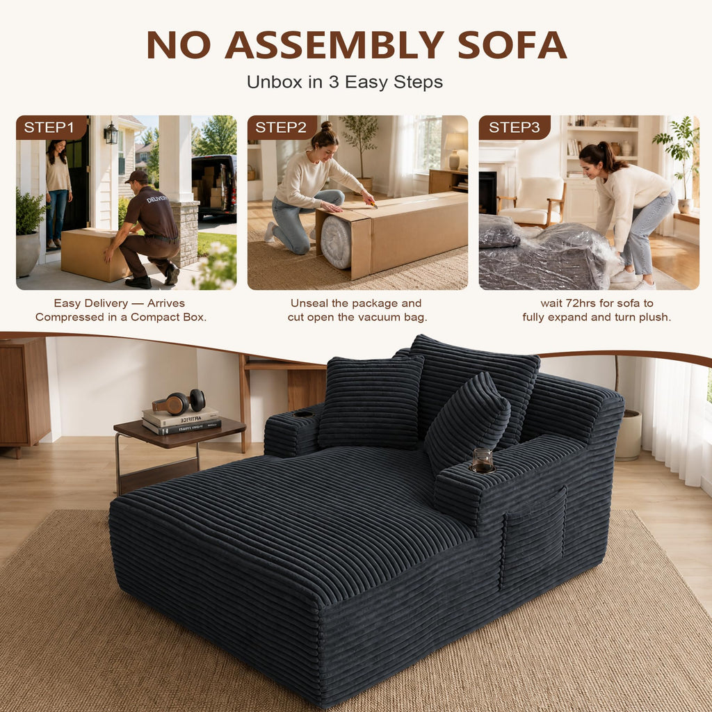 66.1" Oversized Boneless Chaise Lounge Chair Indoor, Corduroy Cloud Reading Chair for Sleeper Chair with 3 Throw