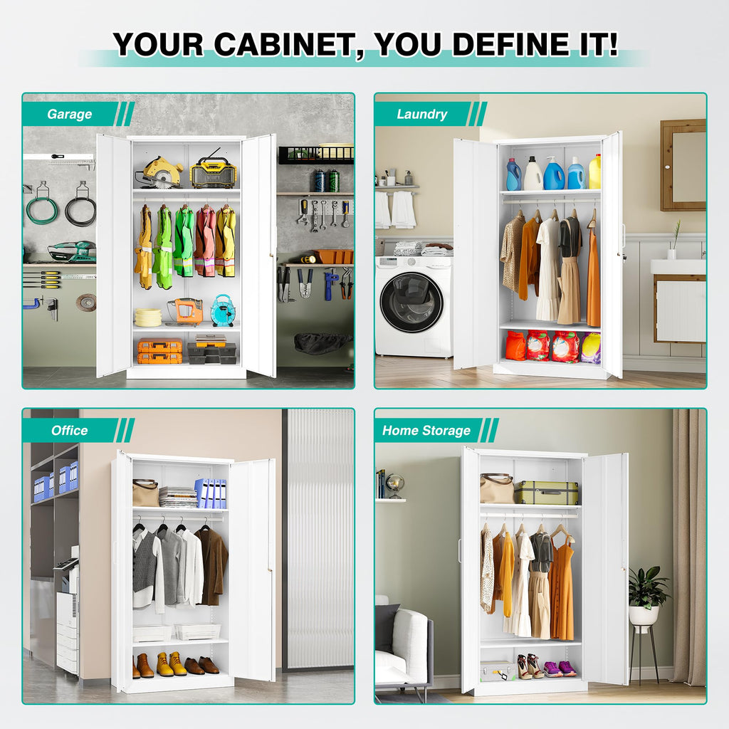 Metal Wardrobe Cabinet with Hanging Rod & Lock, White Armoire Wardrobe Closet, Metal Clothing Storage Cabinet with