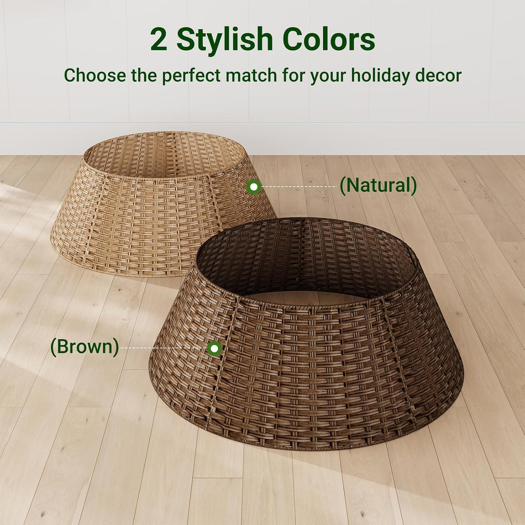 Wicker Christmas Tree Collar for 7.5 ft Trees, 28 Inch Woven Xmas Tree Skirt, Stylish Rustic Farmhouse Basket for