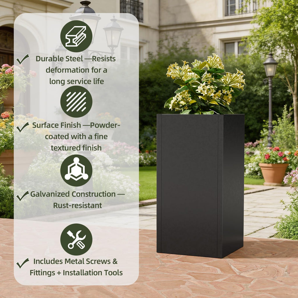 24" Tall Metal Planters Box for Outdoor Plants, 60cm H Square Black