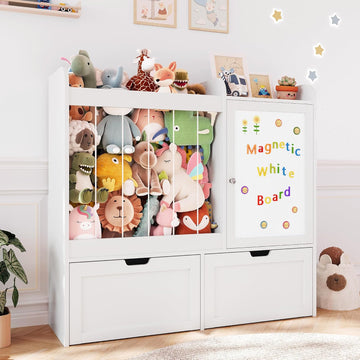 40" Toy Organizers and Storage, Stuffed Animal Holder with Magnetic Drawing Board, Wooden Toy Organizer with 2