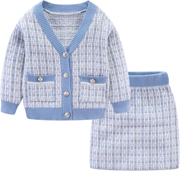 Cute Little Girls Ribbed Knit Cardigan Skirt Set School Style