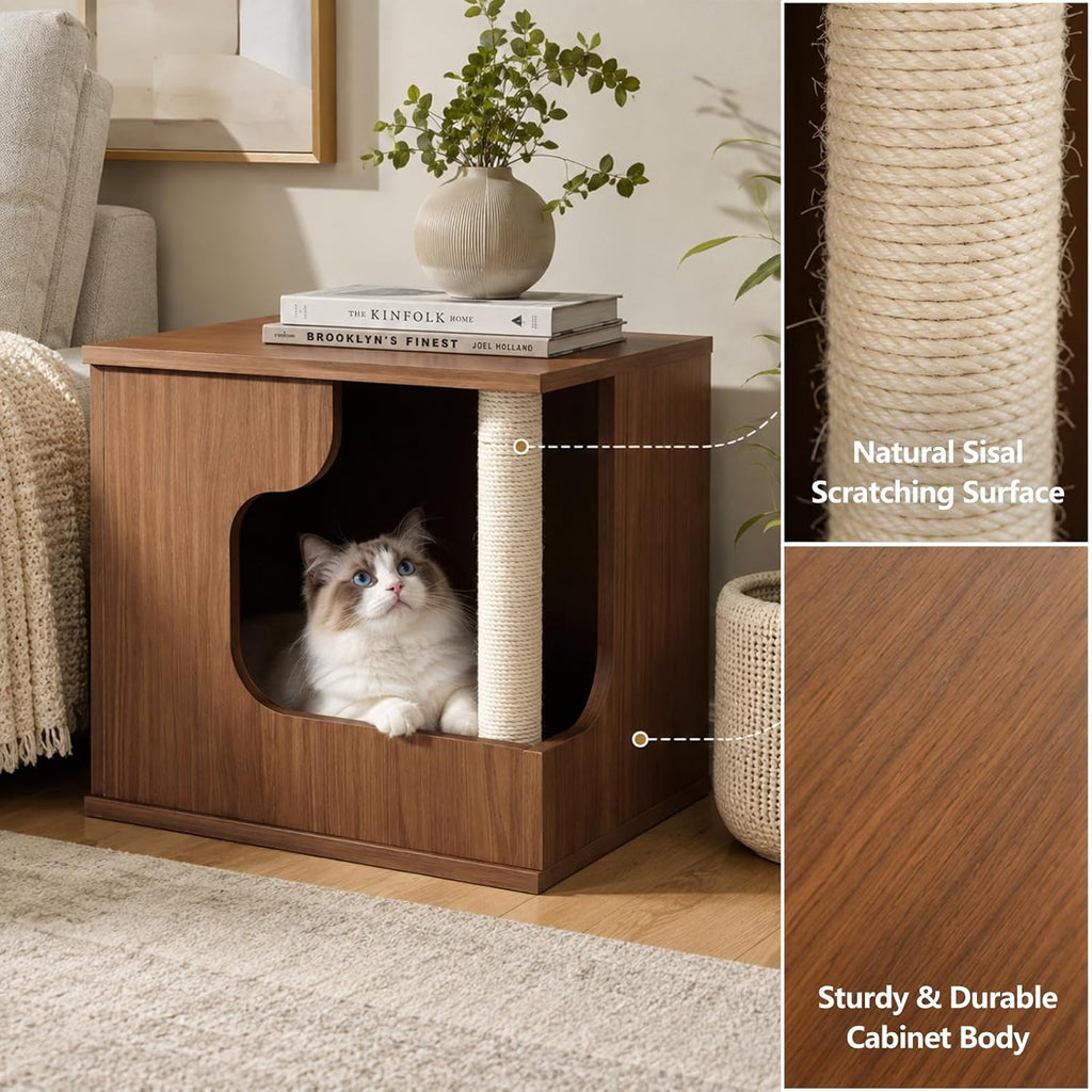 Wooden Cat House Side Table with Storage, Cat Nightstand End Table