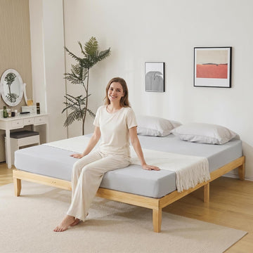12 inch H King Size Japanese Solid Wooden Bed Frame, Mid-Century Natural Wood Platform Bed, Pine Wood Low Bedframe