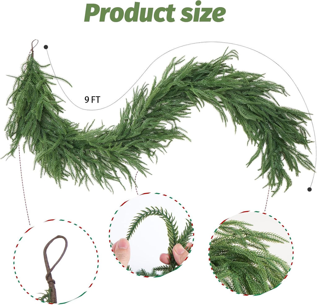 9FT Artificial Norfolk Pine Garland, Realistic Christmas Greenery Garland for Mantle, Staircase, Banister, Fireplace - Set of 9