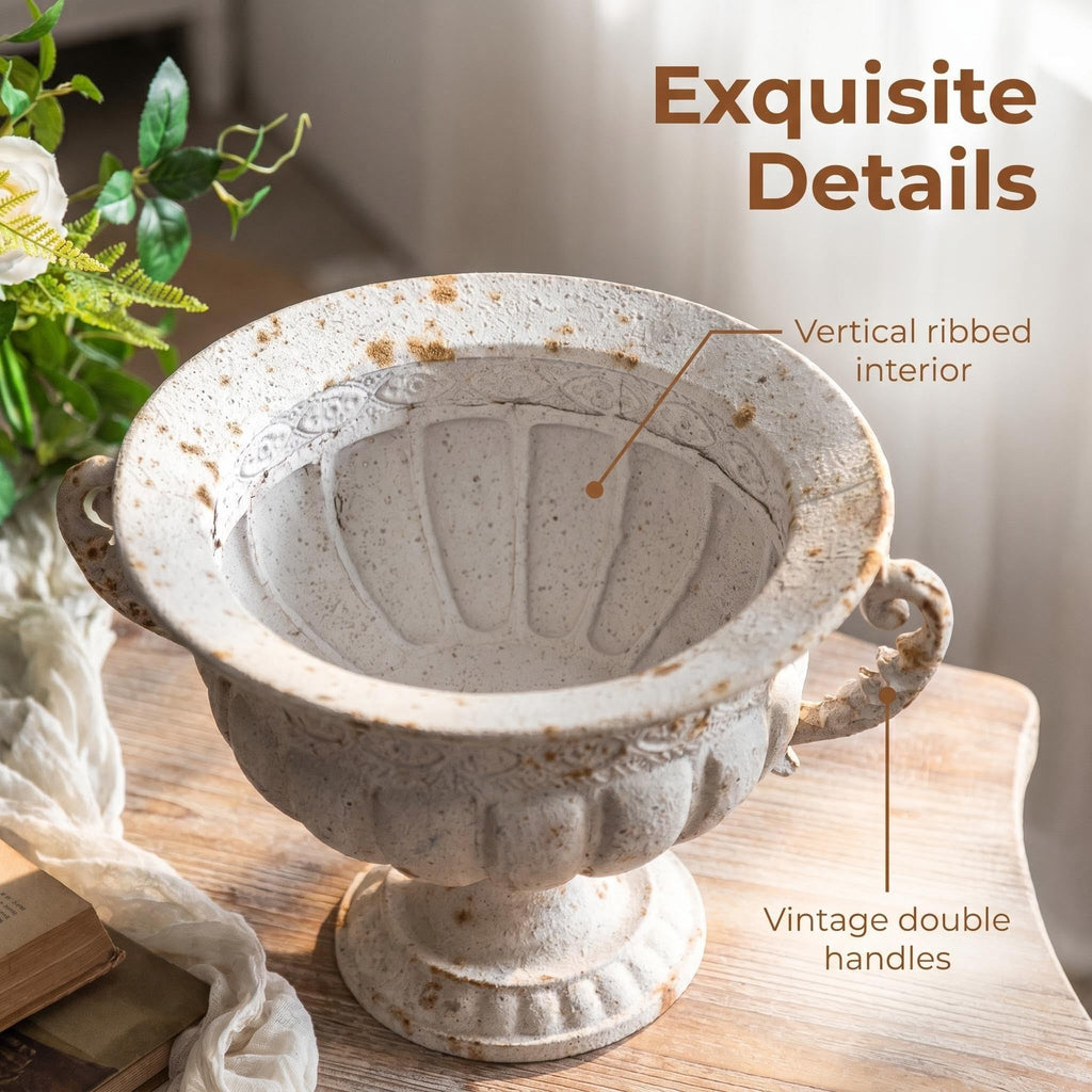 Vintage Distressed White Urn Planter with Embossed Pattern & Handles, 13.58" Iron Decorative Flower Pot, Classic