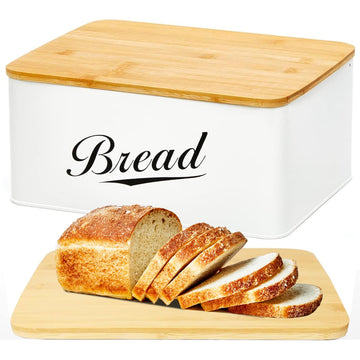 Bread Box - Modern Metal with Bamboo Cutting Board Lid