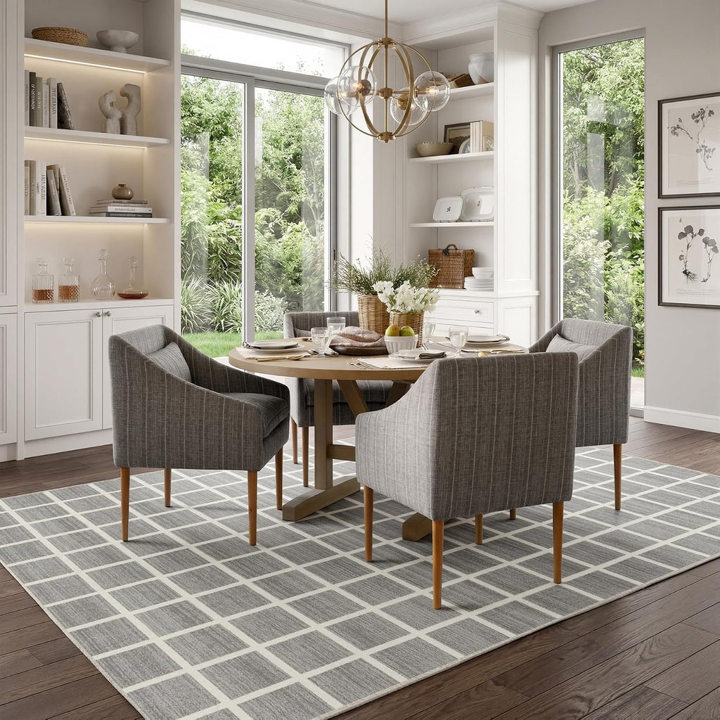 Grey Modern Plaid Geometric Washable Rug