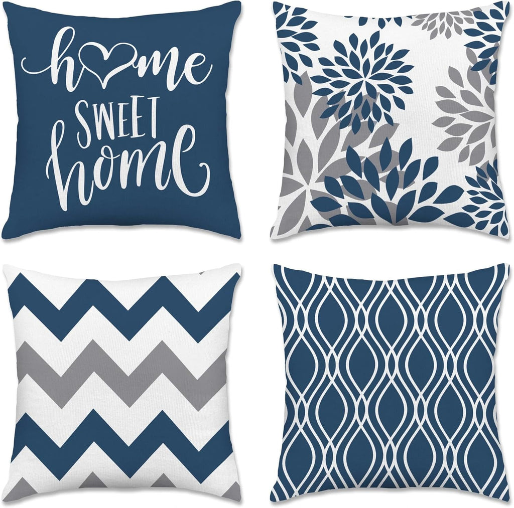 Geometric Blue Pillow Covers 18x18 Set of 4, Decorative Outdoor Boho Modern Throw Pillow Covers, Home Sweet Home