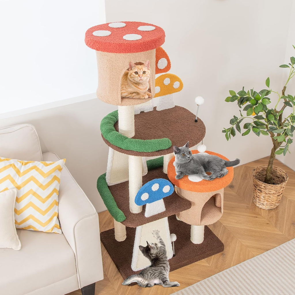 Mushroom Cat Tree, Multi-Level Cute Cat Tower with Full-Wrapped Sisal Posts, Scratching Boards & Interactive Balls, 2