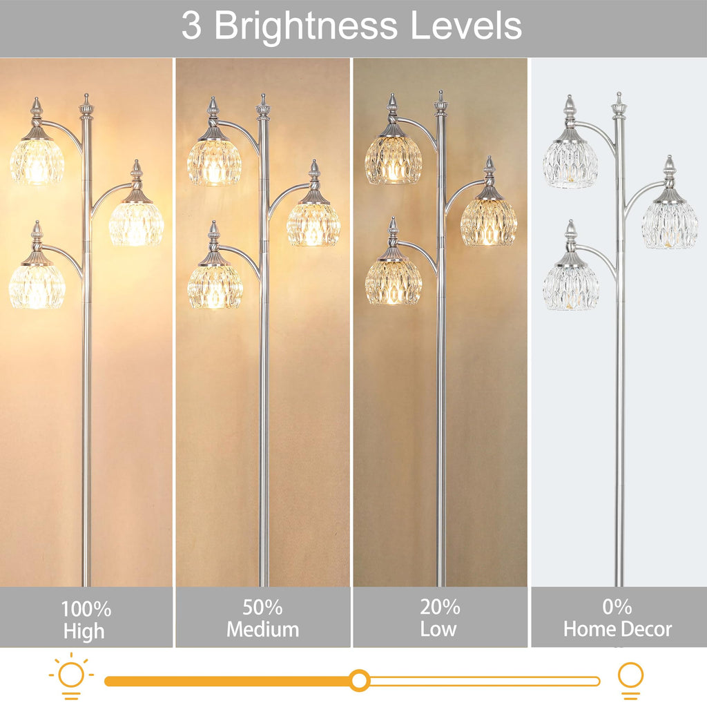 Silver Floor Lamps Brushed Nickel Standing Lamp with Glass Shade 66.5in 3 Way Brightness Lights Mid Century Modern