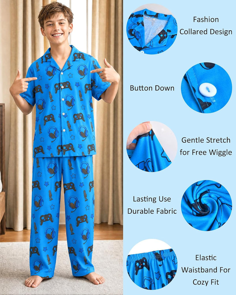 Boys Pajamas Big Boys Pjs Set Short Sleeves and Pants Sleepwear for Kids Button-Down Jammies Loungewear