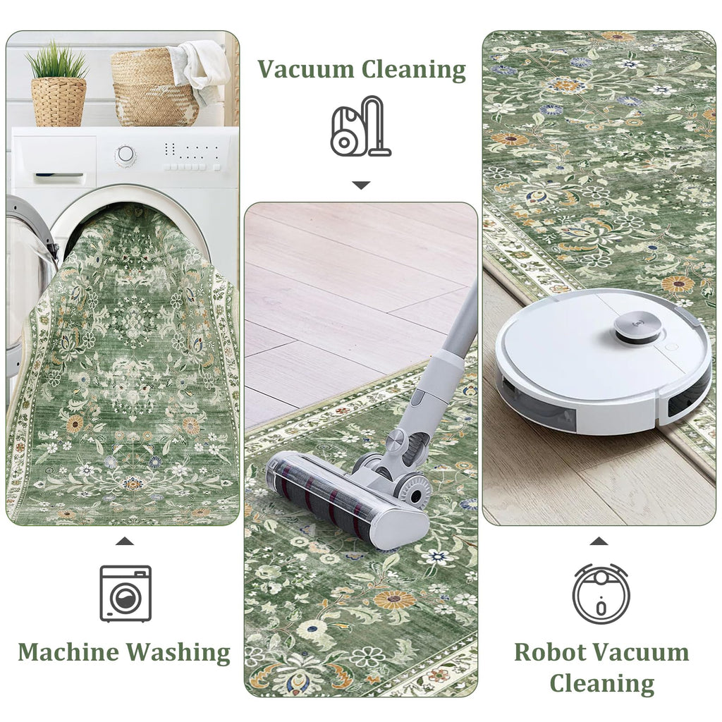 2x12 Washable Hallway Runner Rug Non Slip Floral Carpet, Sage Green