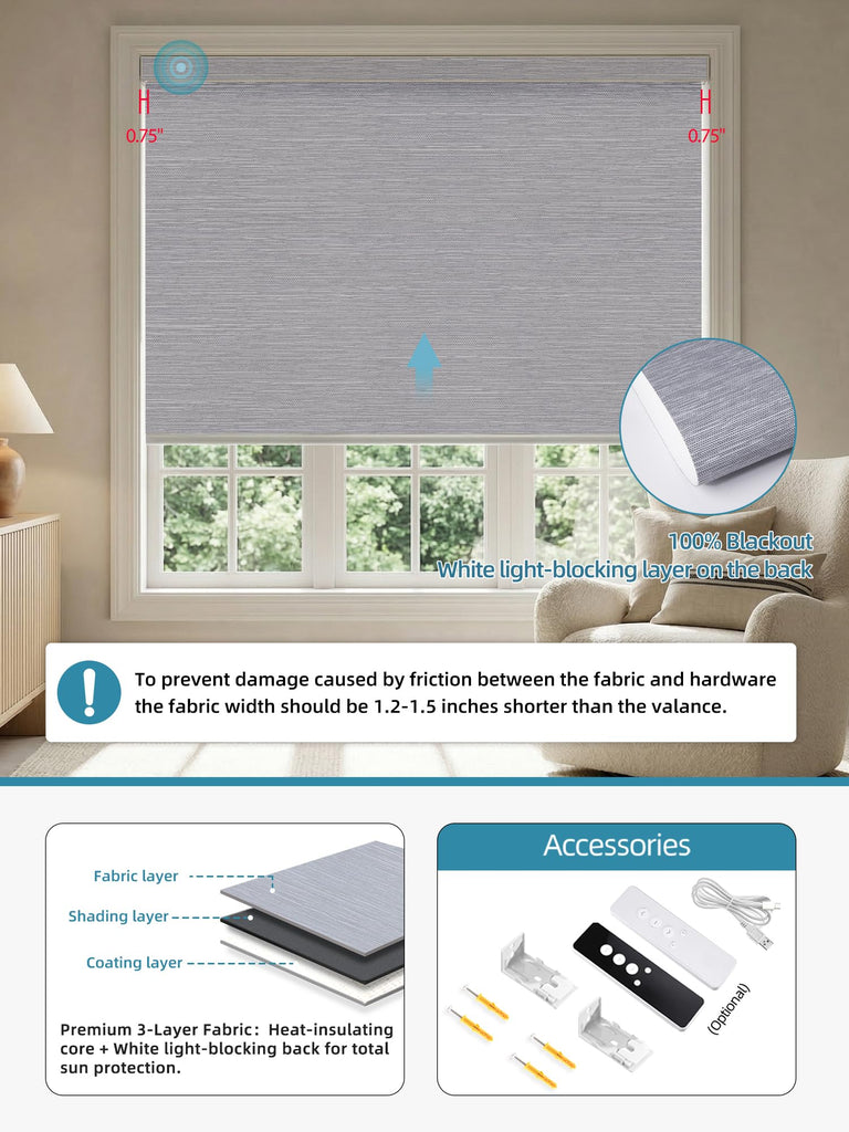 Motorized Smart Roller Shades, 100% Blackout Essential Grey