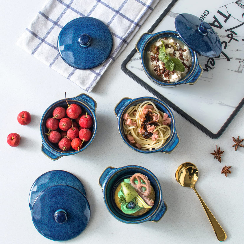 8 oz Ceramic Ramekins with Lid, Mini Casserole Dish with Handles Set of 4, Porcelain Small Baking Dish, Round Small