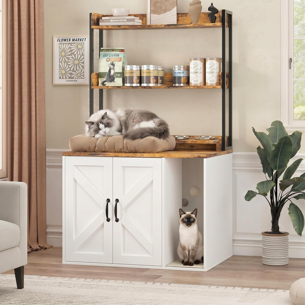 53" H Cat Litter Box Enclosure, Hidden Cabinet w/Storage & Charging, White
