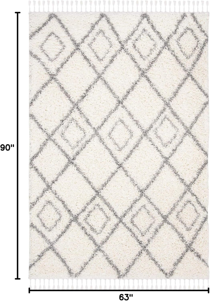 Moroccan Tassel Shag Collection Area Rug, Ivory & Light Grey, Boho, Non-Shedding & Easy Care, 1.5-inch