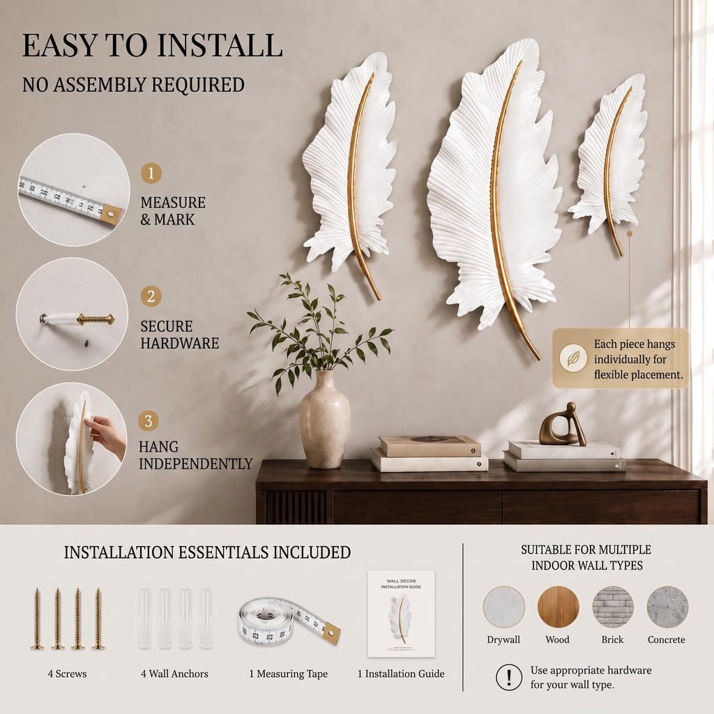 3-Piece 3D Metal Feather Wall Decor Set, White & Gold