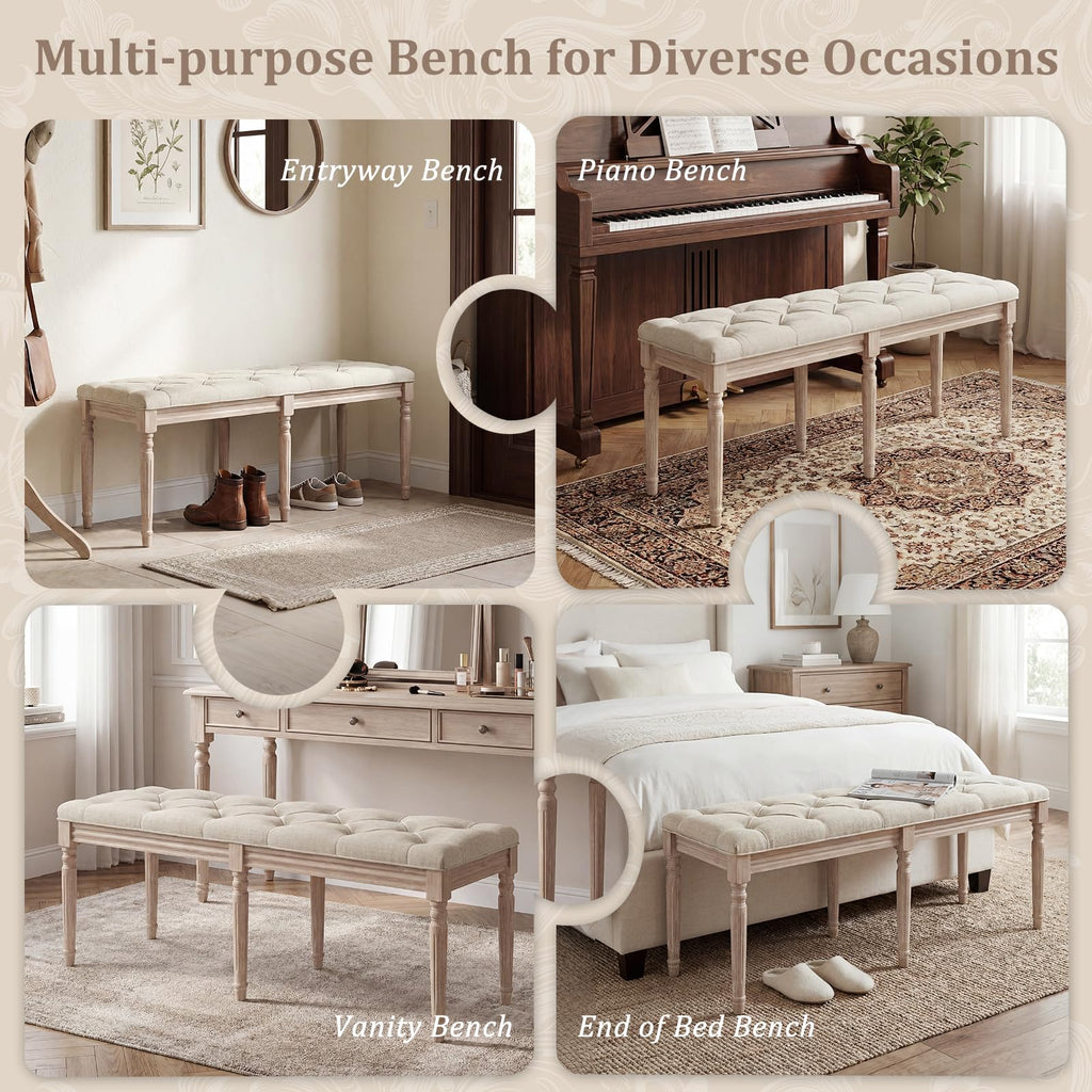 47.5-inches Upholstered Dining Bench, 2-Pack Button-Tufted Table Bench with Carved Rubber Wood Legs, Padded Seat
