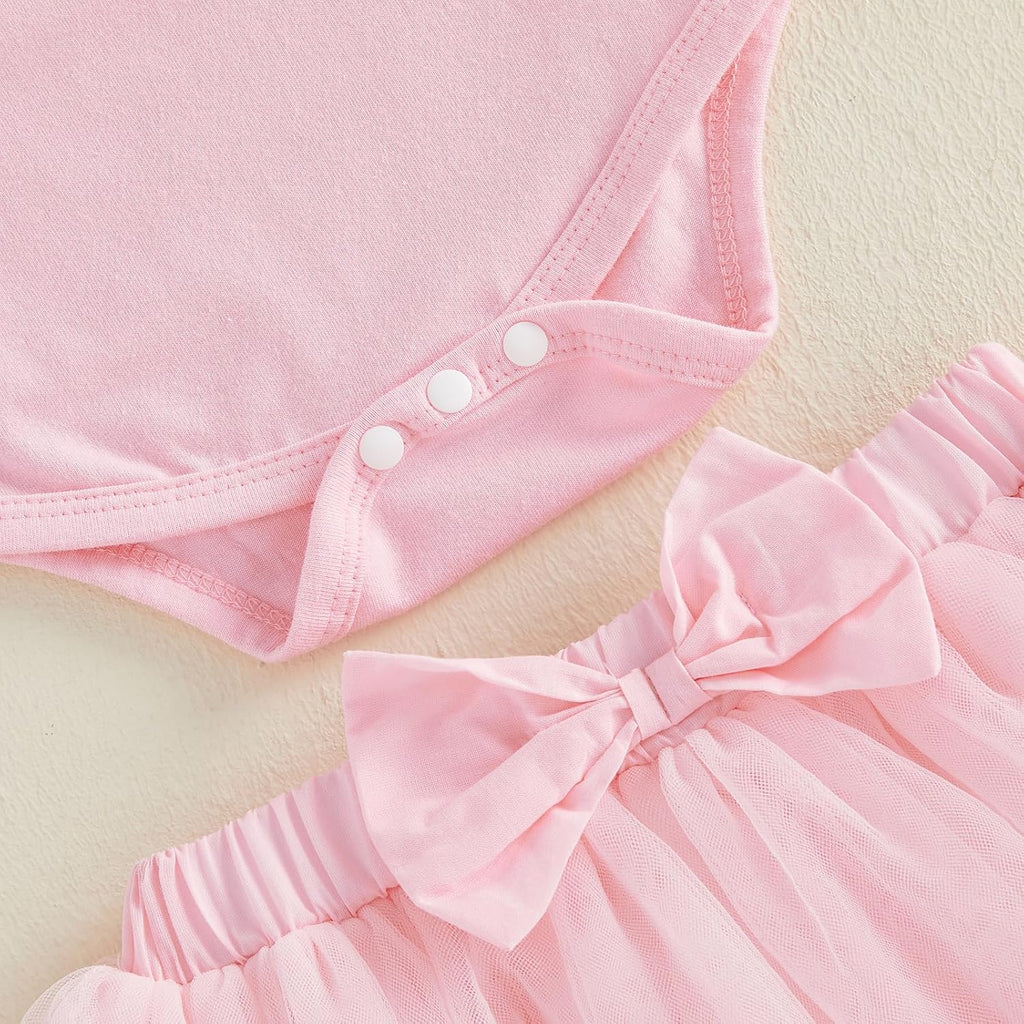 Infant Baby Girl First Birthday Outfit 1 Cake Short Sleeve Romper Bodysuit Mesh Tutu Skirt Headband Set