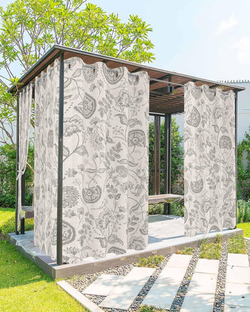 Outdoor Curtains Waterproof, Farmhouse Light Grey Floral Linen Boho Paisley Flower Rustic Grommet Weatherproof