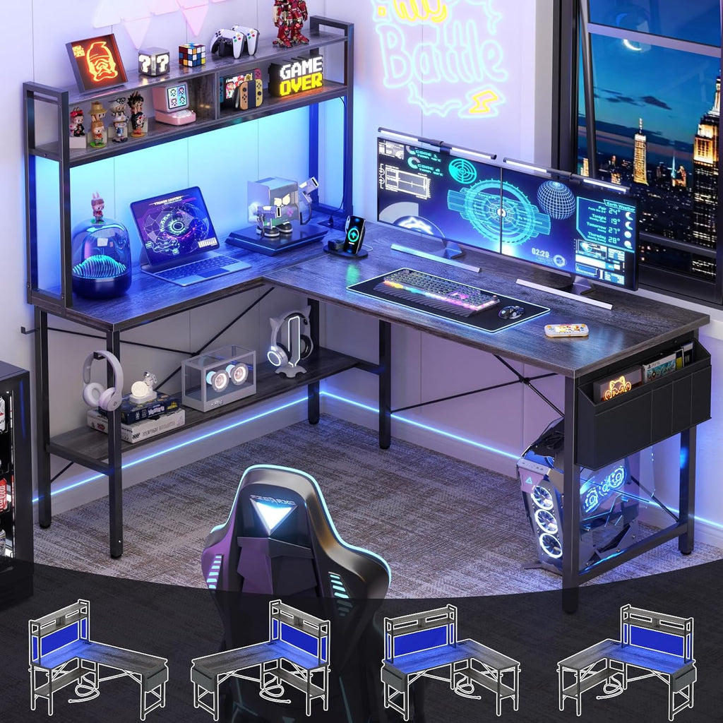 L Shaped Desk Gaming Desk, 59" L Shaped Computer Desk with LED Light & Power Outlet
