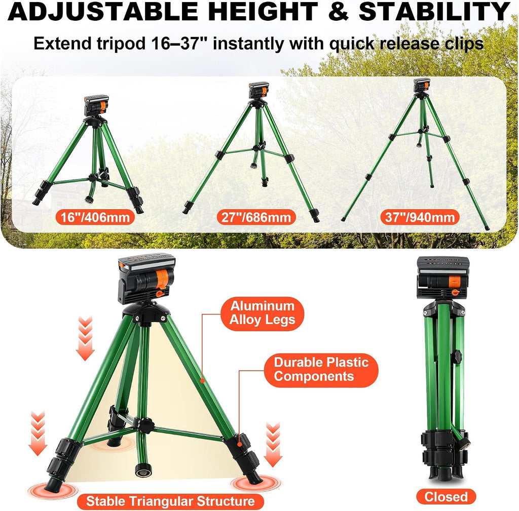 Oscillating Sprinkler Head on Telescoping Tripod Base with 2 Sprinkler Extensions, Heavy Duty Lawn Sprinklers, 360°
