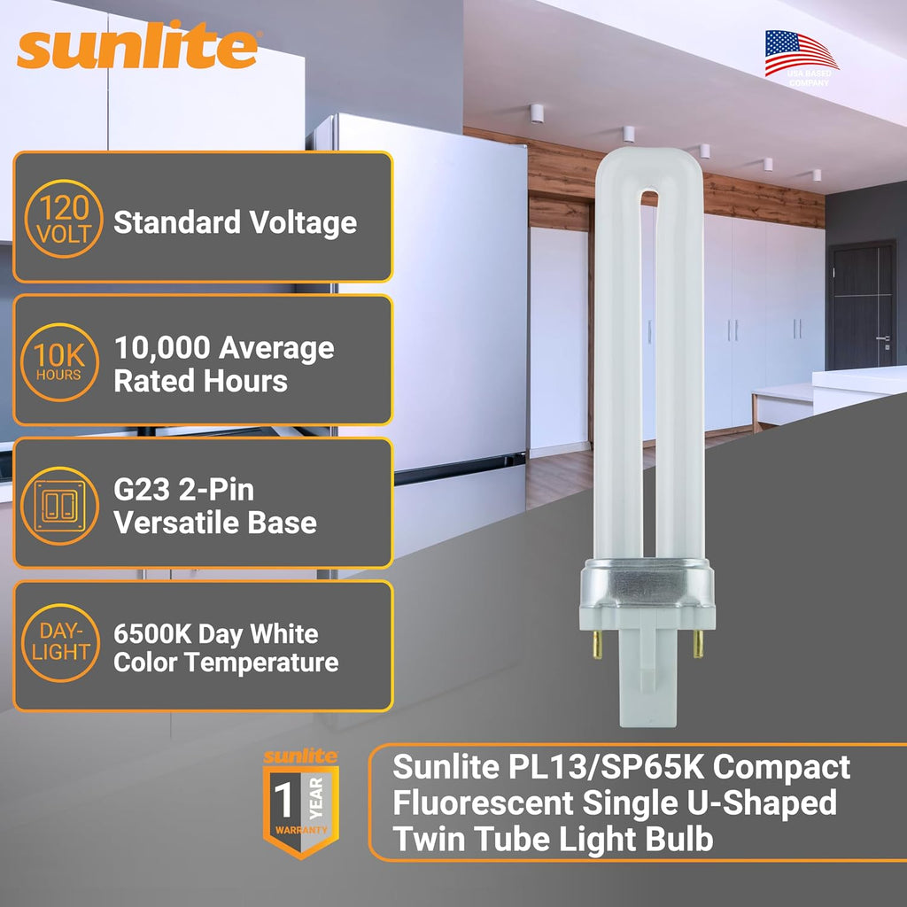 Compact Fluorescent Single U-Shaped Twin Tube Light Bulb, 13 Watts, 120 Volts, 720 Lumens, 2-Pin GX23