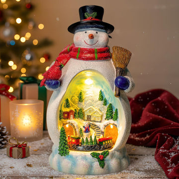 Animated Collection Figurines Musical Christmas Snowman &Cardinal Village Houses with Rotating Train, Lighted
