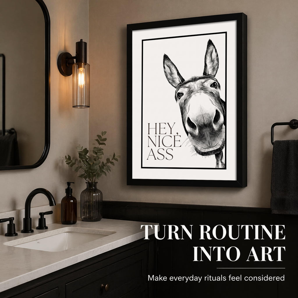 Framed, Funny Animal Bathroom Wall Art, Humorous Donkey Canvas Wall Decor Black and White Bathroom Print Painting