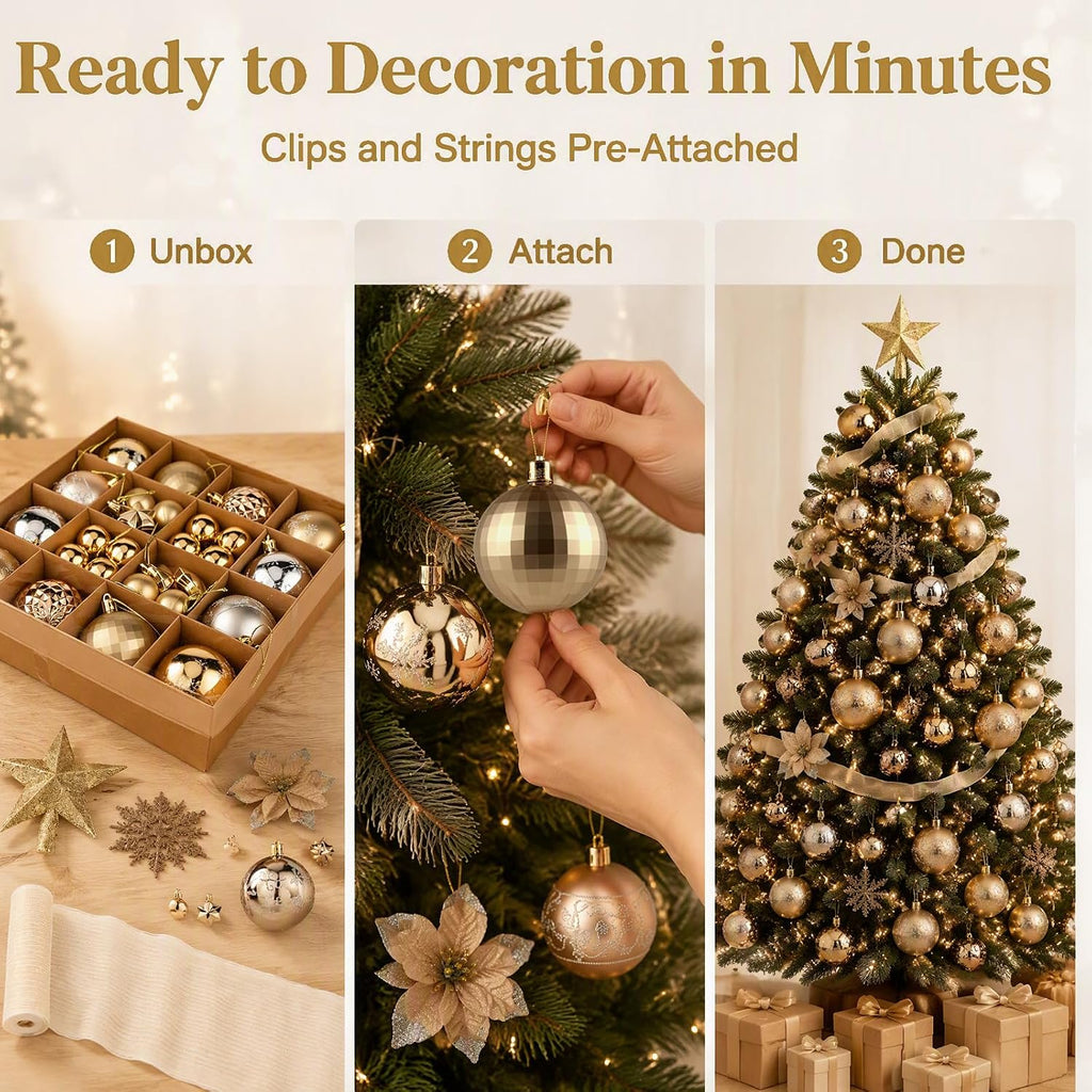 72Pcs Christmas Tree Ornaments Set, Champagne Gold Decoration