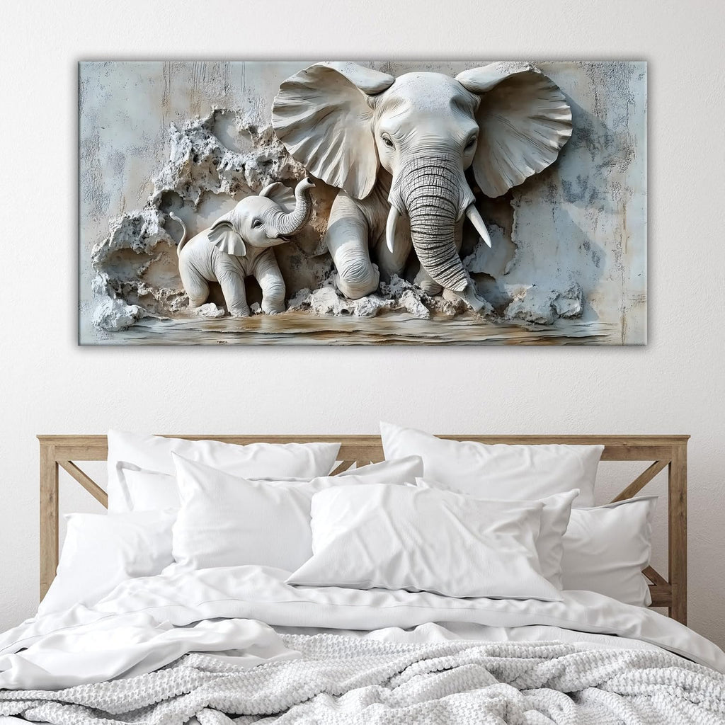 Warm Mother & Baby Elephant Texture Art Picture - Frameless Canvas Wall Art Painting, Family Room, Hallway - 58'' x