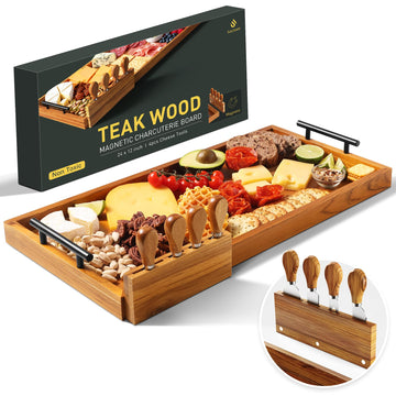 Teak 24 in Large Charcuterie Board with 4-Piece Cheese Knife Set