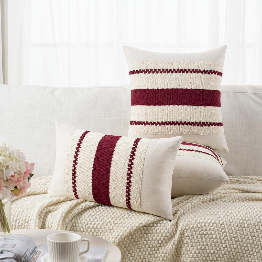 Set of 2 Burgundy Boho Decorative Throw Pillow Covers 20x20 Inch for Couch Bed Sofa, Aesthetic Modern Farmhouse