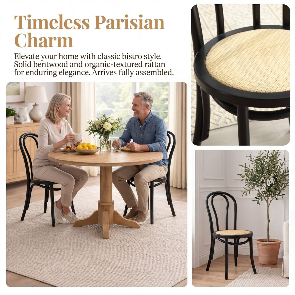 Bentwood Dining Chairs Set of 4, Handcrafted Wooden French Bistro Dining Chairs, Rattan Kitchen Chairs, Bistro