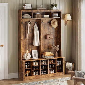 Hall Tree with Bench and Shoe Storage, 53" Farmhouse 4-in-1 Mudroom Storage Organizer with Coat Rack, 6 Hooks, 12