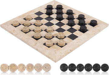 Marble Checkers Set 15 Inch Handmade Travertine & Black